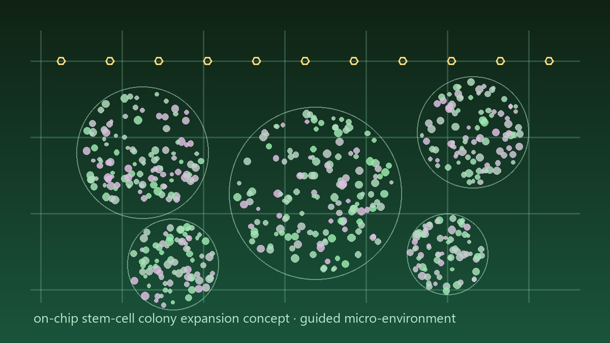 Stem-cell colonies at different expansion stages growing across a microfluidic channel grid — StemsChip concept, Panacea Bio Chem